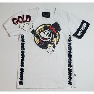 Men's Gold Leaf Brand Mickey Mouse Shirt. White with sequins. Size Medium.